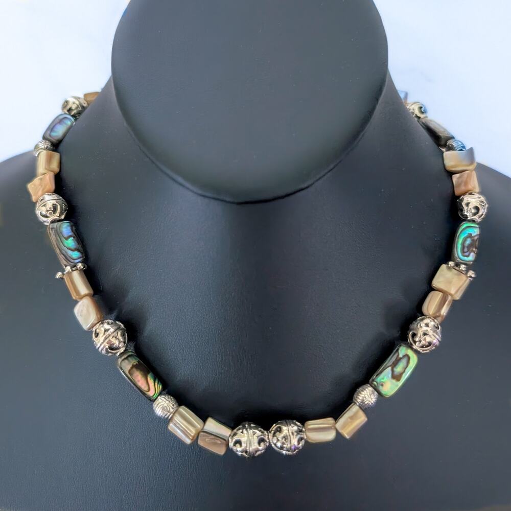 Abalone, Shell & Silver Tone Necklace 16.5"